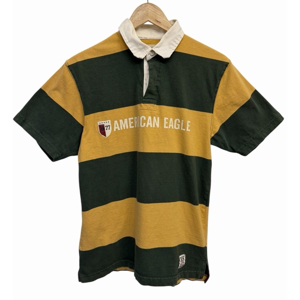 VTG. American Eagle Polo Shirt Mens Small Green Yellow Striped Cotton Preppy Y2K